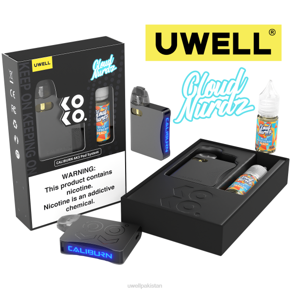 UWELL E Cigarette - UWELL CALIBURN AK3 kit + a3s 0.8ohm pods (x2) + والد کے بخارات 10ml نمکیات 50mg 6042247 crl: grey/flv: بلیو رسبری آڑو