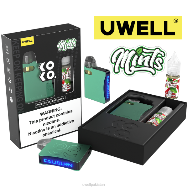 UWELL Price In Pakistan - UWELL CALIBURN AK3 kit + a3s 0.8ohm pods (x2) + والد کے بخارات 10ml نمکیات 50mg 6042242 crl: cyan/flv: پیپرمنٹ 50mg